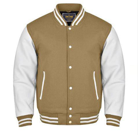 Spine Spark Camel Brown Wool Varsity Jacket White Leather Sleeves