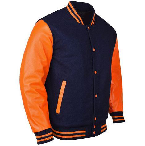 Spine Spark Navy Blue Wool Varsity Jacket Orange Leather Sleeves