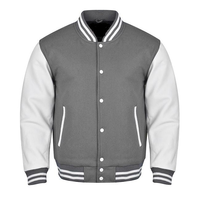 Spine Spark Grey Wool Varsity Jacket White Leather Sleeves