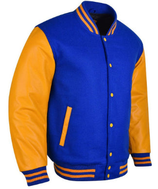 Spine Spark Royal Blue Wool Varsity Jacket Gold Yellow Leather Sleeves