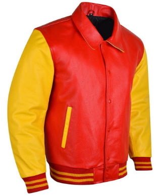 Spine Spark Byron Collar Red Yellow Leather Varsity Jacket