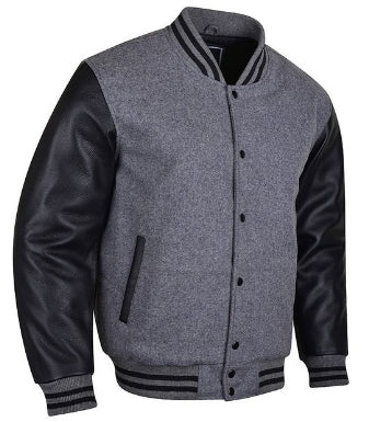 Spine Spark Grey Wool Varsity Jacket Black Leather Sleeves