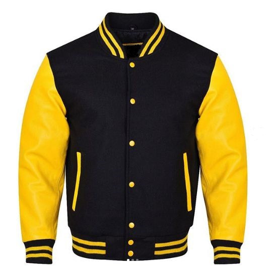 Spine Spark Black Wool Varsity Jacket Yellow Leather Sleeves