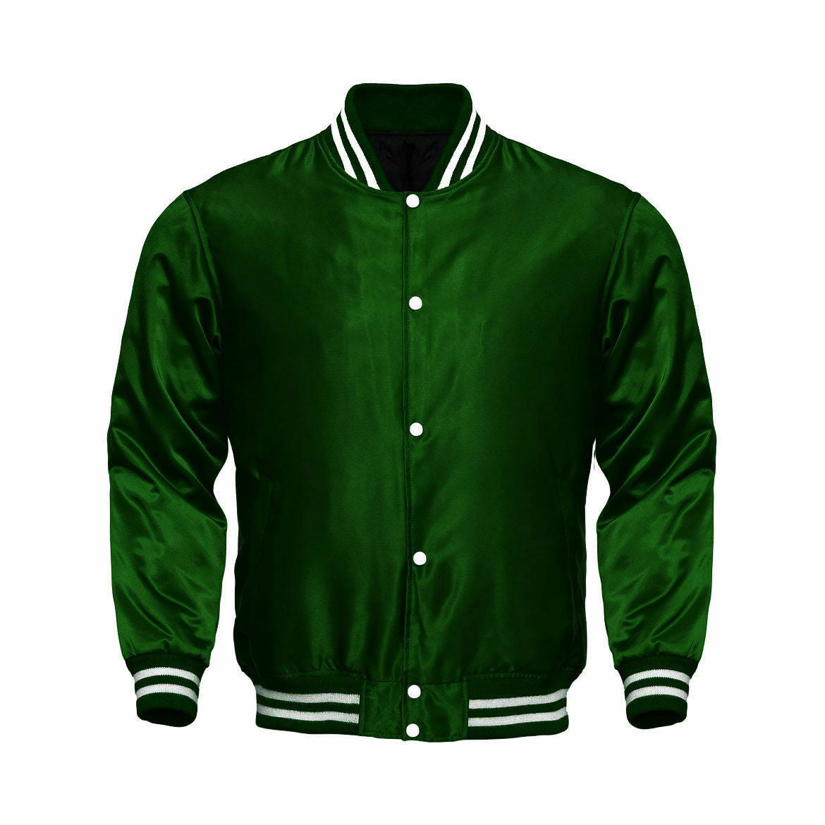 Spine Spark Forest Green Satin Varsity Jacket With White Rib