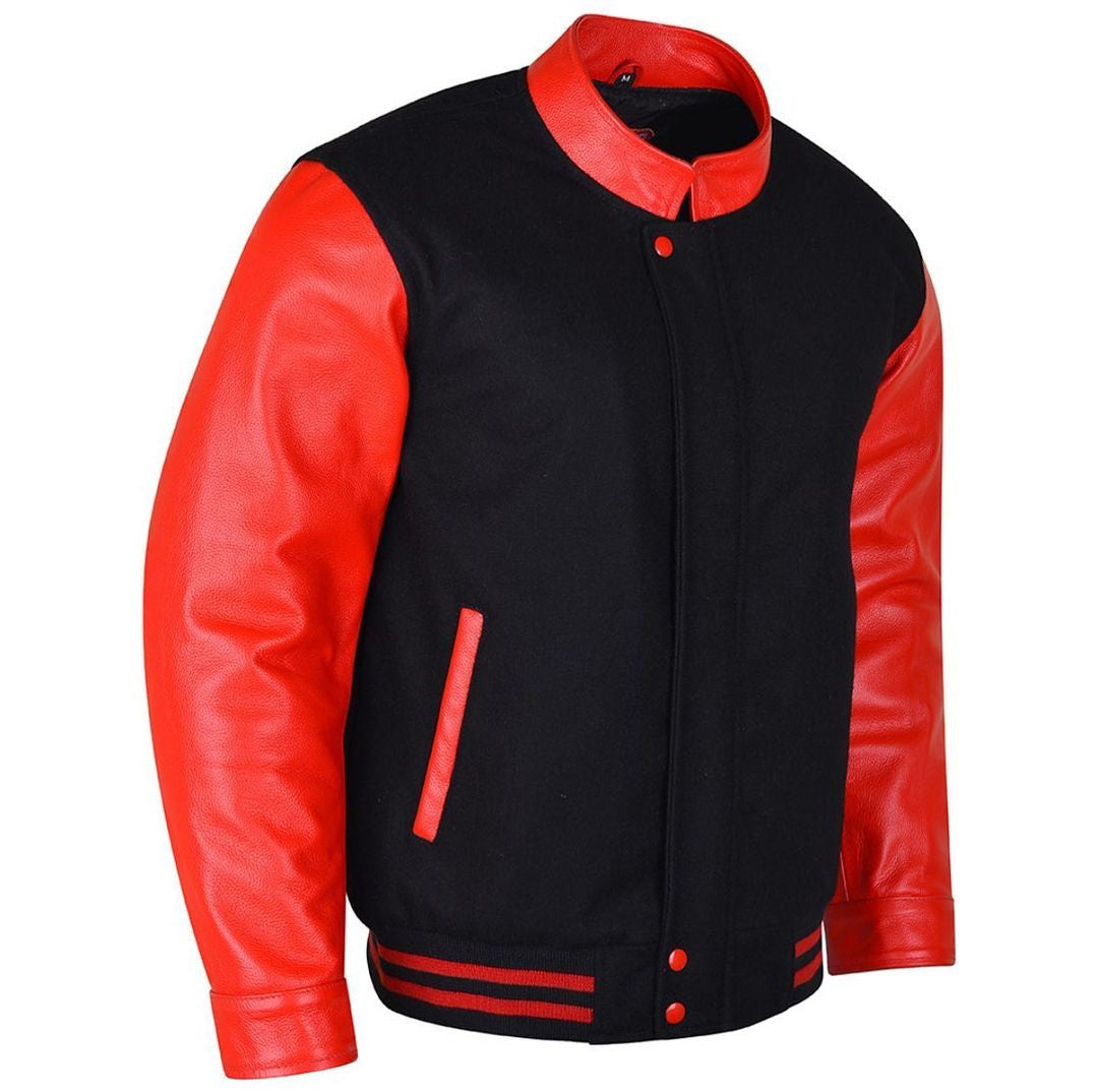 Spine Spark Black Wool Varsity Jacket Red Leather Sleeves