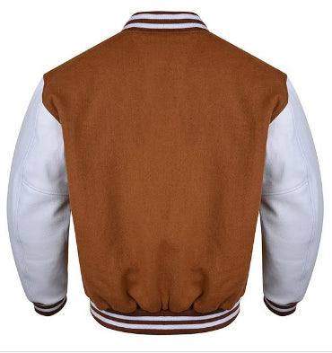 Spine Spark Light Brown Wool Varsity Jacket White Leather Sleeves