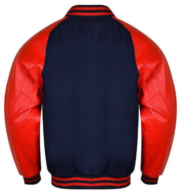 Spine Spark Navy Blue Wool Varsity Jacket Red Raglan Leather Sleeves
