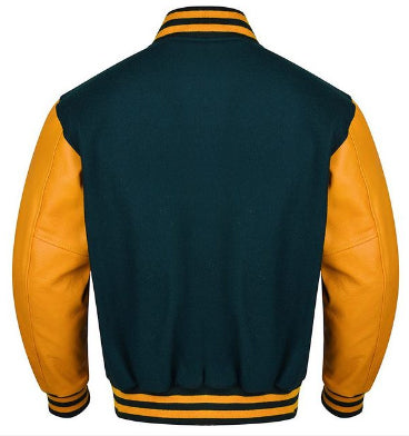 Spine Spark Forest Green Wool Varsity Jacket Yellow Leather Sleeves
