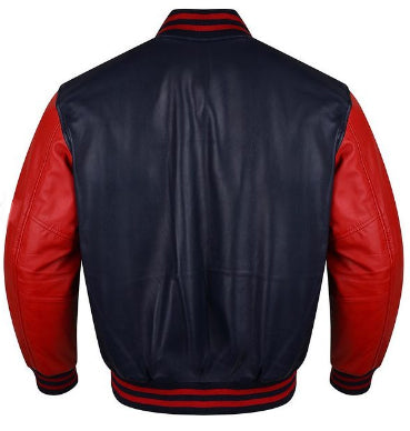 Spine Spark Navy Blue Leather Varsity Jacket Red Leather Sleeves