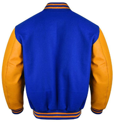 Spine Spark Royal Blue Wool Varsity Jacket Gold Yellow Leather Sleeves