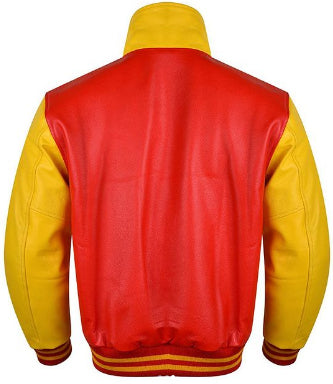 Spine Spark Byron Collar Red Yellow Leather Varsity Jacket