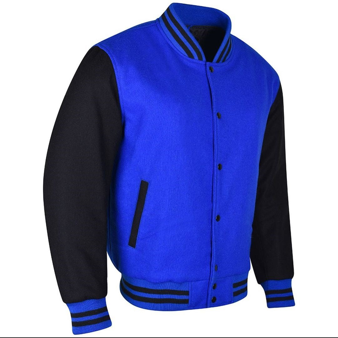 Spine Spark Royal Blue Wool Varsity Jacket Black Fleece Sleeves