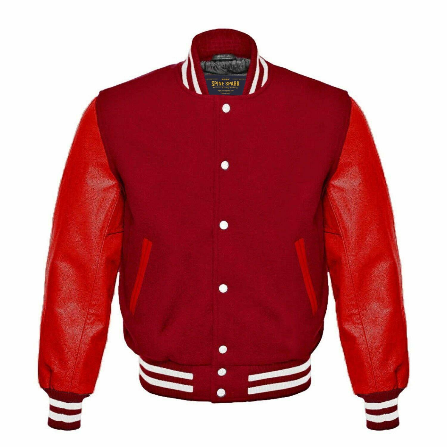 Spine Spark Maroon Wool Varsity Jacket Red Leather Sleeves