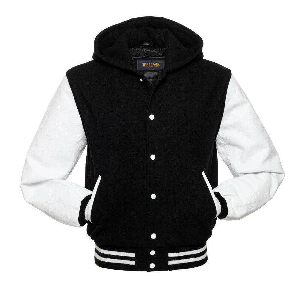 Spine Spark Black Wool Hooded Varsity White Leather Sleeves