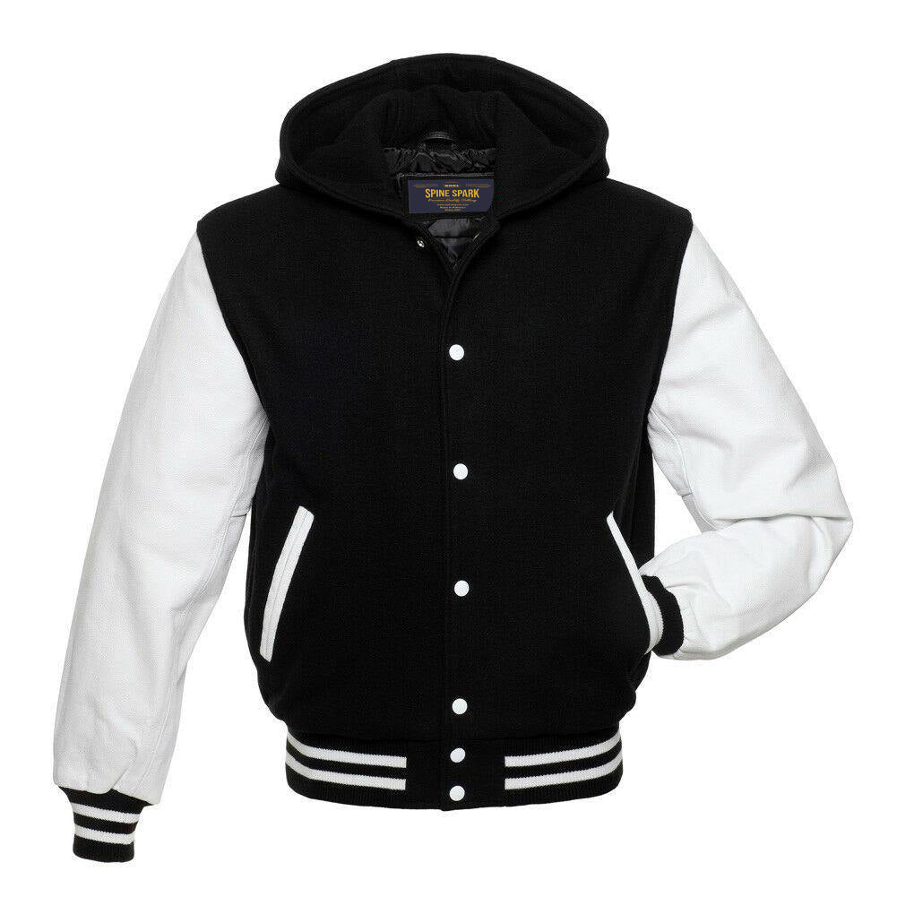Spine Spark Black Wool Hooded Varsity White Leather Sleeves