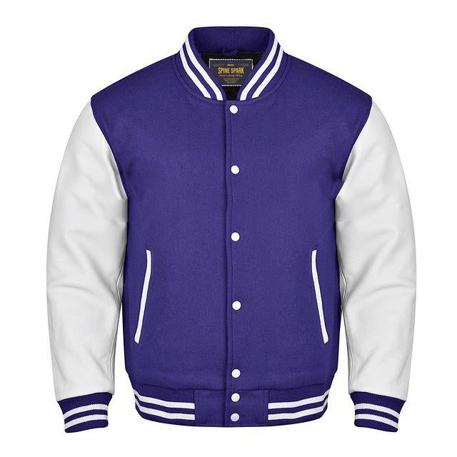Spine Spark Purple Wool Varsity Jacket White Leather Sleeves