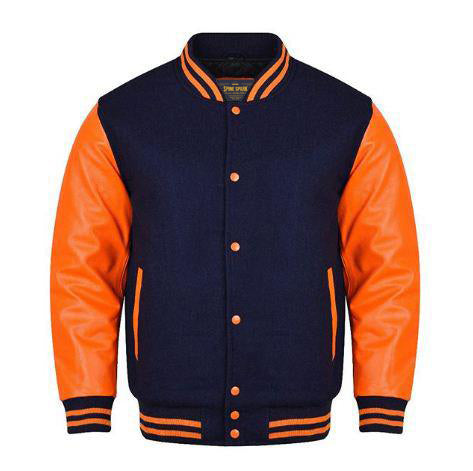 Spine Spark Navy Blue Wool Varsity Jacket Orange Leather Sleeves