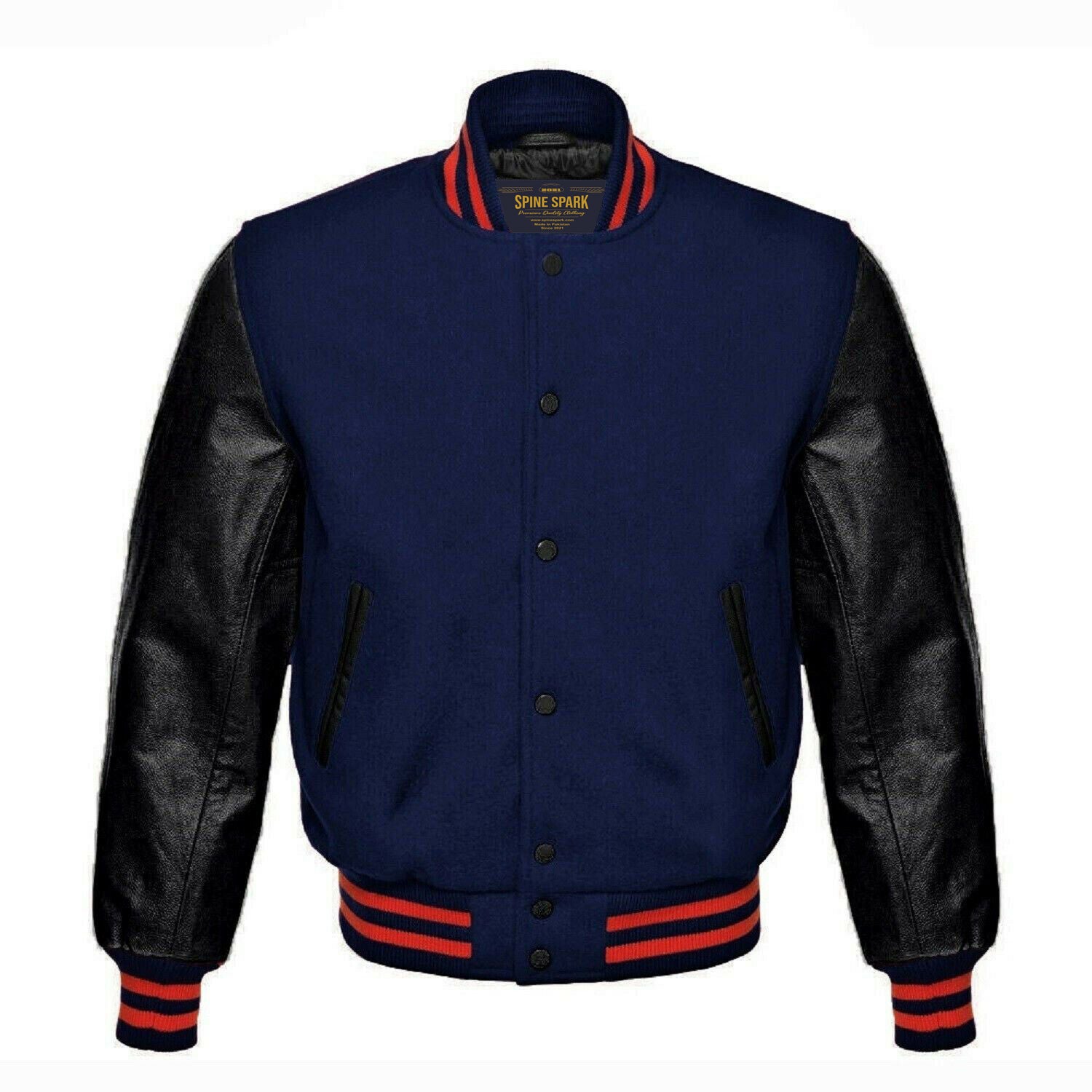 Spine Spark Navy Blue Wool Varsity Jacket Black Leather Sleeves