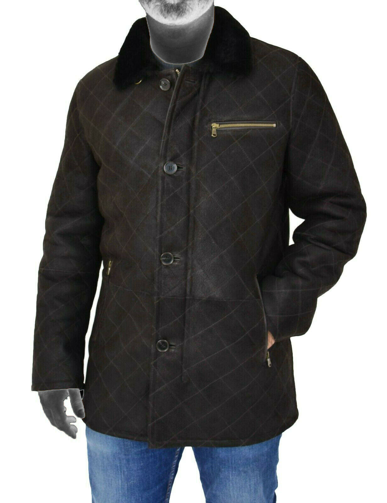 Spine Spark Men's Black Soft Suede Leather Shearling Coat Jacket