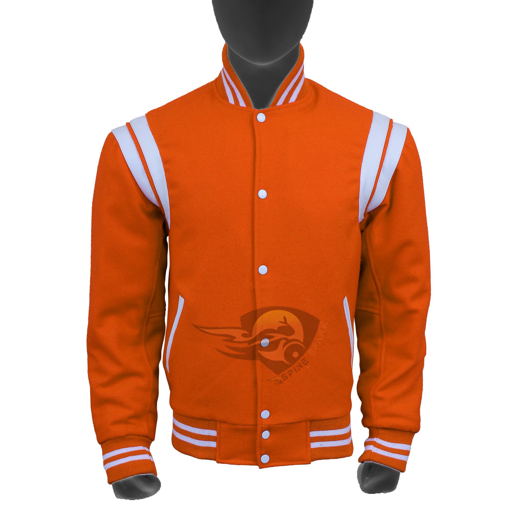 Spine Spark Orange Wool Varsity Jacket White Leather Stripes