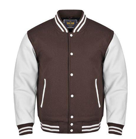 Spine Spark Dark Brown Wool Varsity Jacket White Leather Sleeves