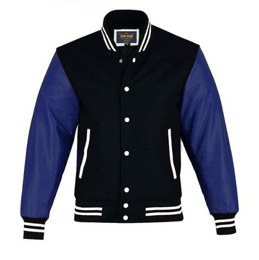 Spine Spark Black Wool Varsity Jacket Blue Leather Sleeves