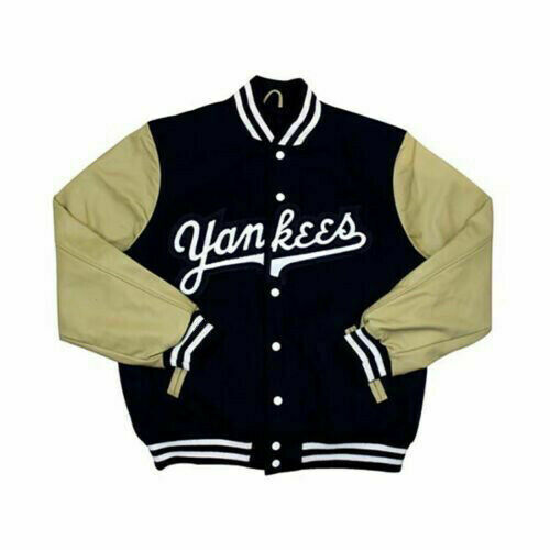 Spine Spark Yankees Navy Blue Wool Varsity Jacket Cream Leather Sleeves