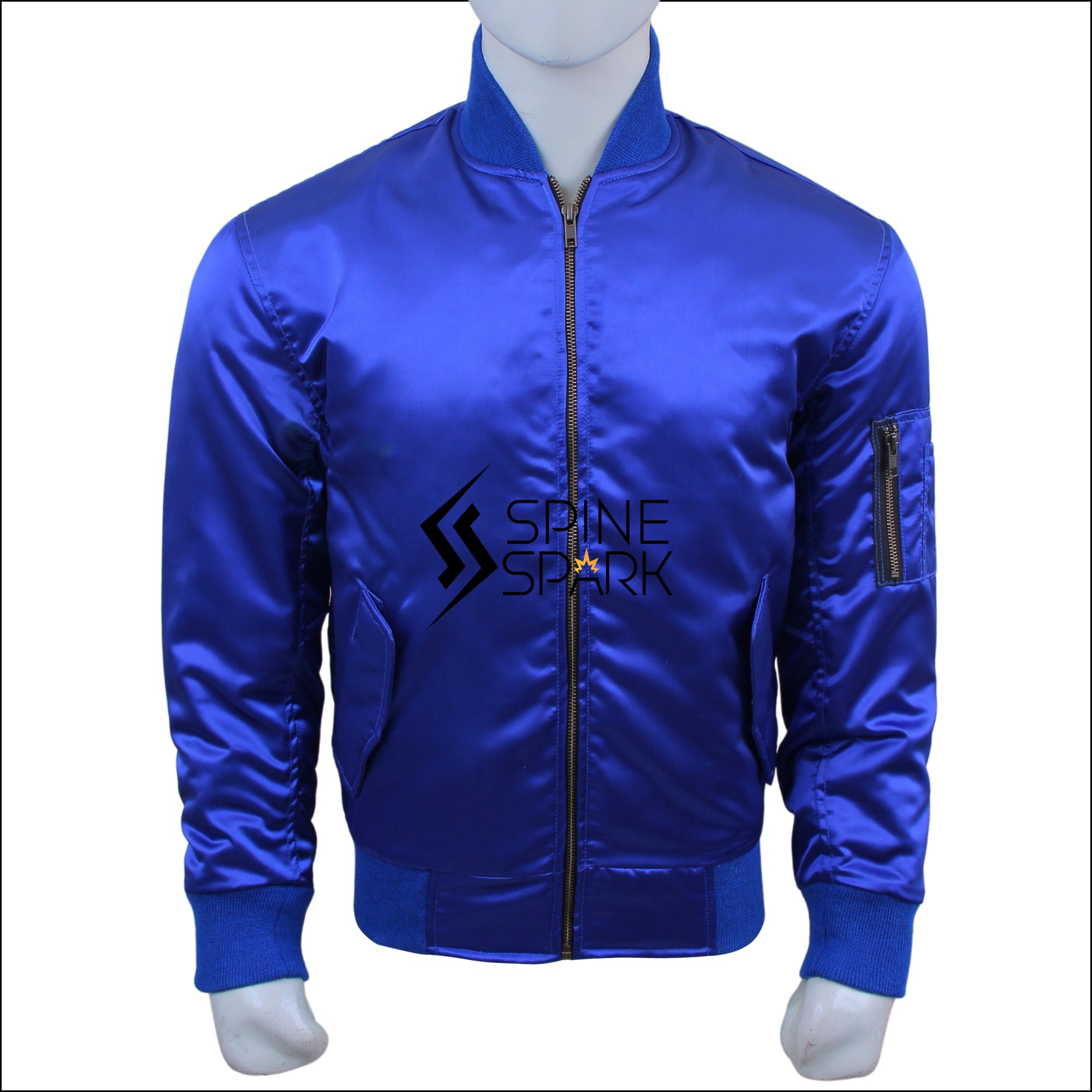 Spine Spark MA-1 Blue Satin Varsity Jacket With Blue Rib