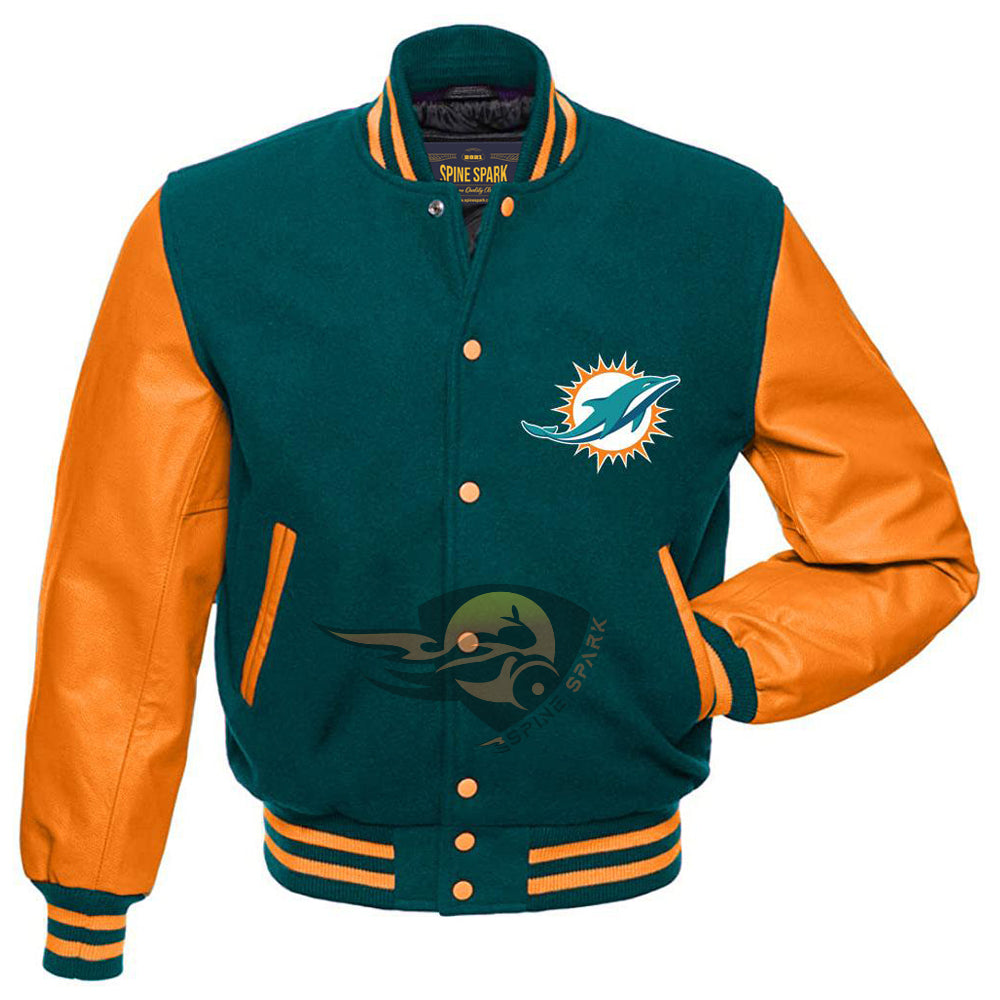 Forest Green Miami Dolphins Varsity NFL Jacket By Spinespark