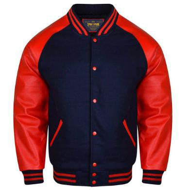Spine Spark Navy Blue Wool Varsity Jacket Red Raglan Leather Sleeves