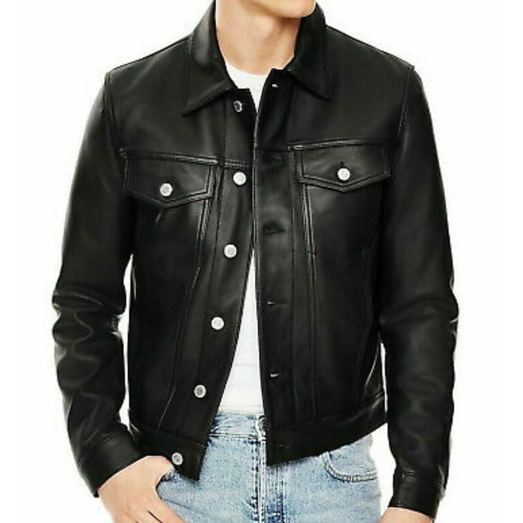 Mens Black Trucker Denim Style 100% Genuine Leather Jacket