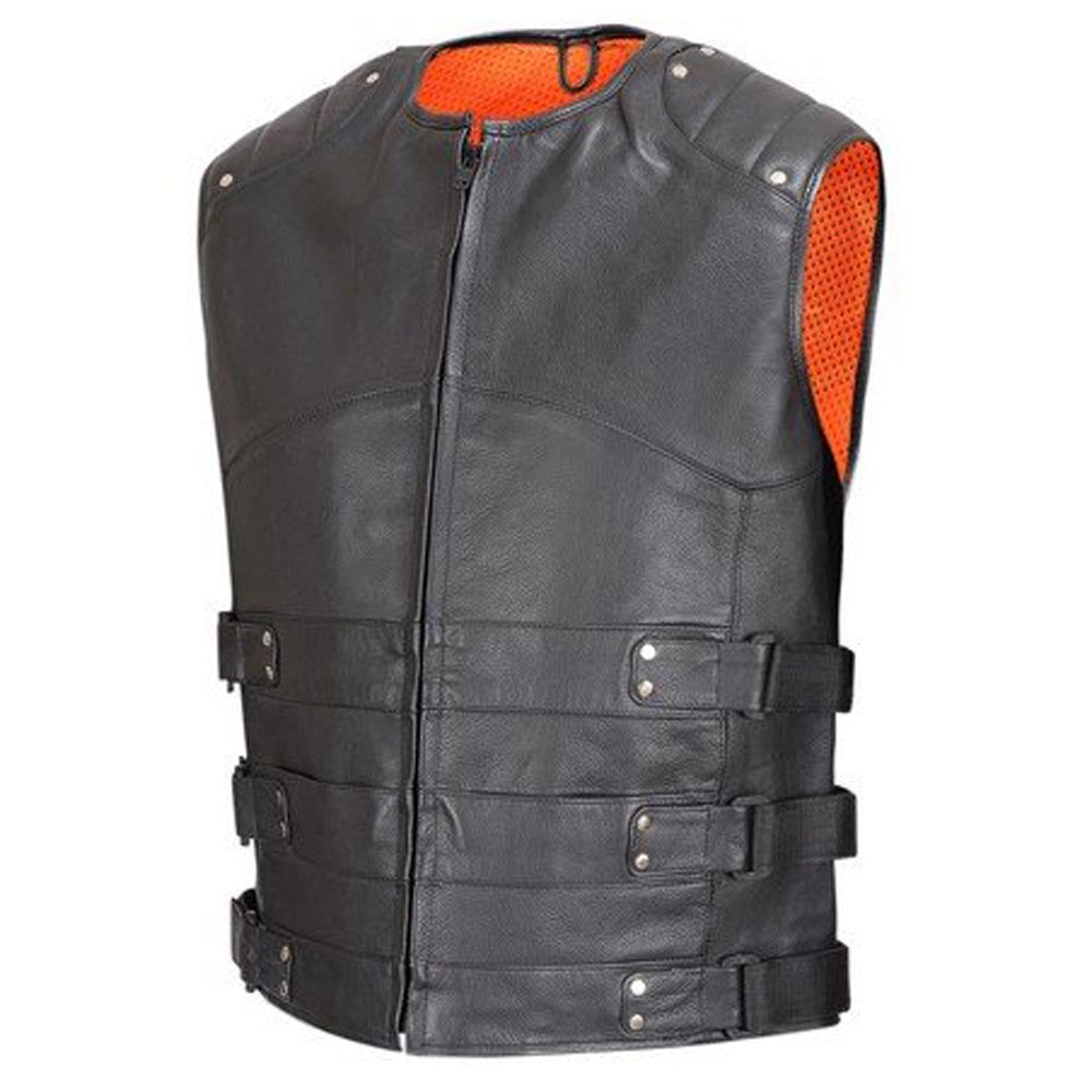 Spine Spark Men's New Black Collarless Style Pure Leather Vest