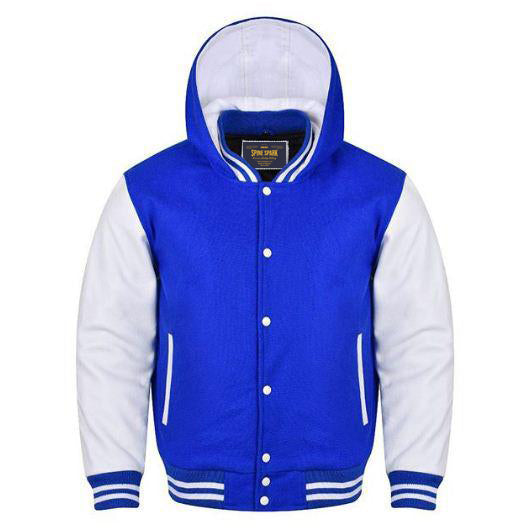 Spine Spark Royal Blue Wool Hooded Varsity Jacket White Leather Sleeves