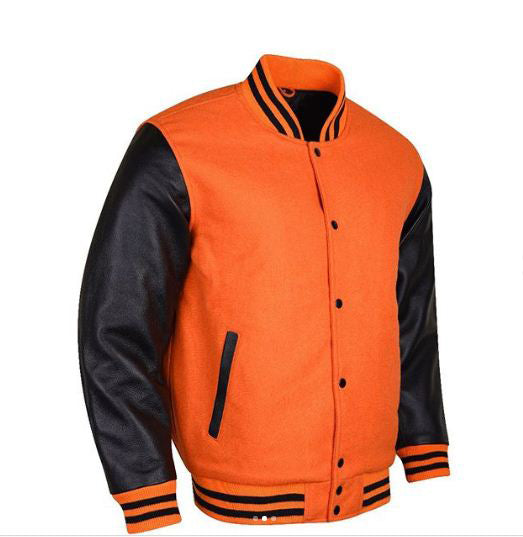Spine Spark Orange Wool Varsity Jacket Black Leather Sleeves