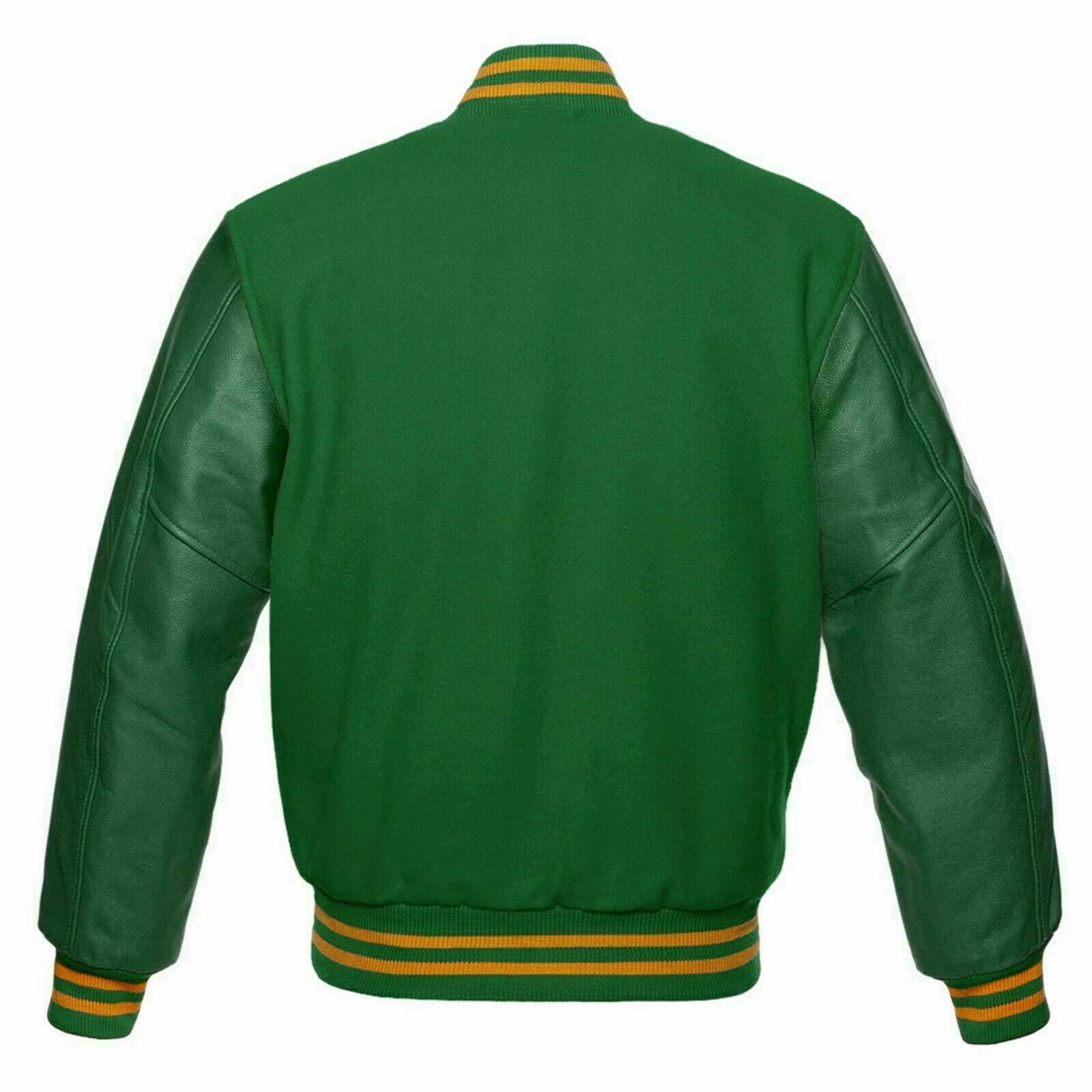 Spine Spark Green Wool Varsity Jacket Green Leather Sleeves