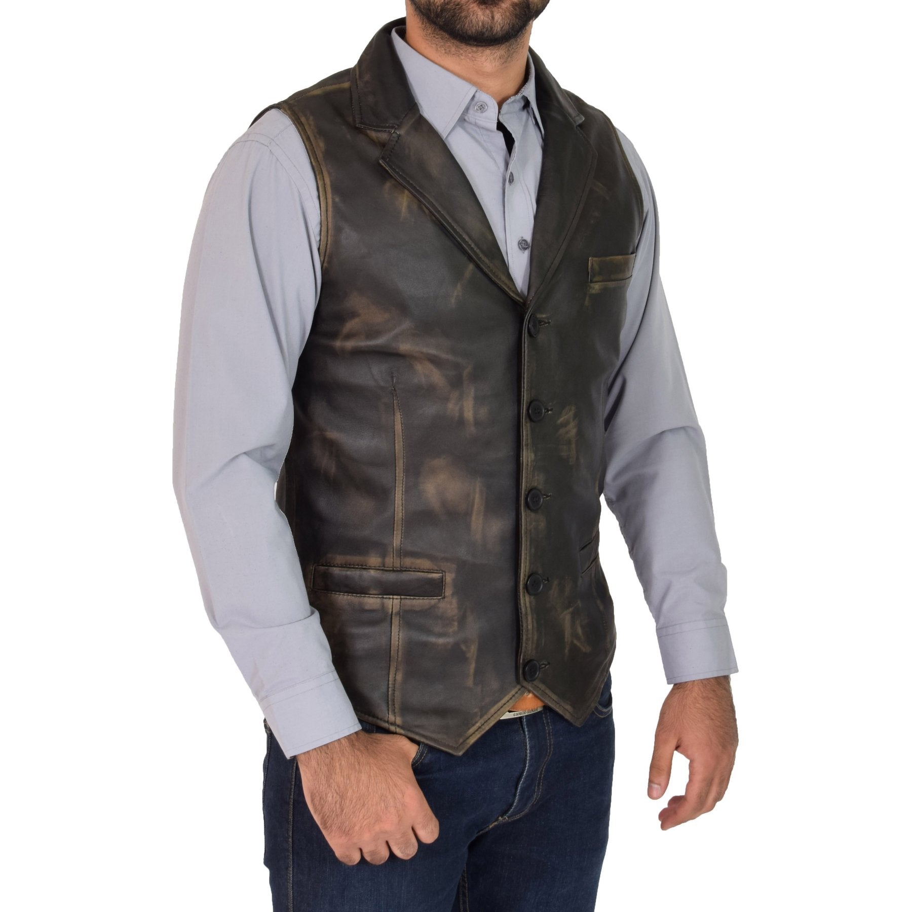 Spine Spark Men's Motorbike Soft Leather Rub Off Classic Style Vest