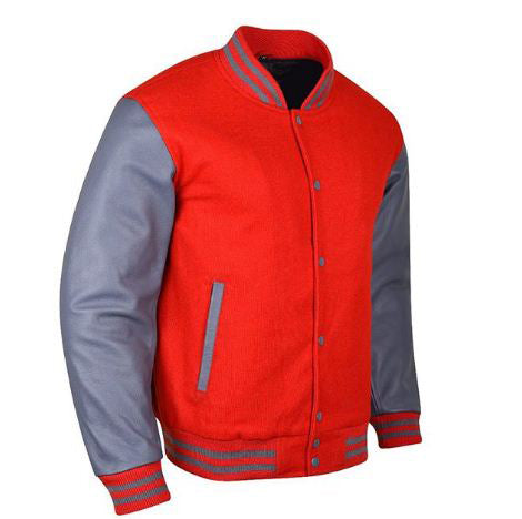 Spine Spark Red Wool Varsity Jacket Grey Leather Sleeves