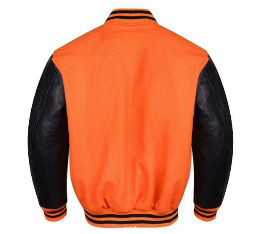 Spine Spark Orange Wool Varsity Jacket Black Leather Sleeves