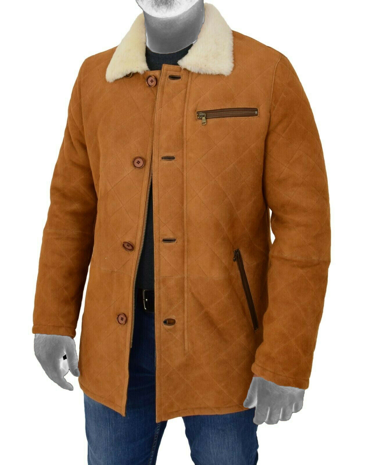 Spine Spark Men's Brown Soft Suede Leather Shearling Coat Jacket