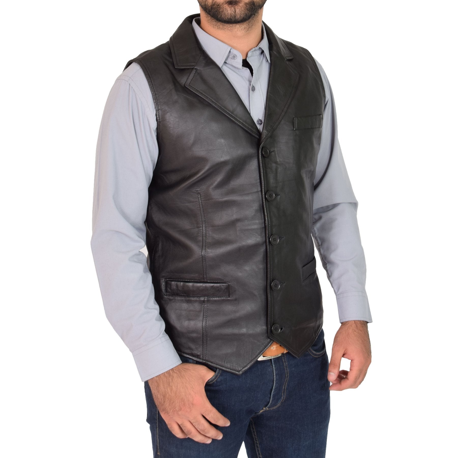 Spine Spark Men's Motorbike Soft Leather Black Classic Style Vest