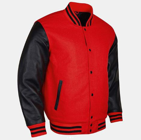 Spine Spark Red Wool Varsity Baseball Jacket Black Leather Sleeves