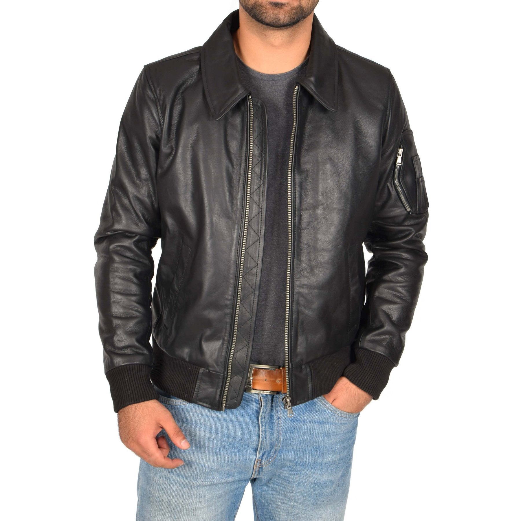Spine Spark Men's Black Bomber Pilot Style Leather Jacket