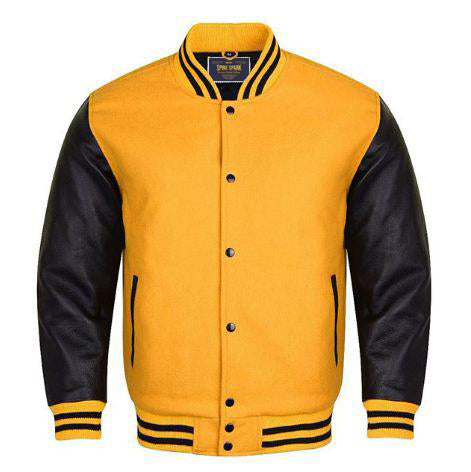 Spine Spark Yellow Wool Varsity Jacket Black Leather Sleeves
