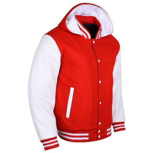 Spine Spark Red Hooded Wool Varsity Jacket White Leather Sleeves