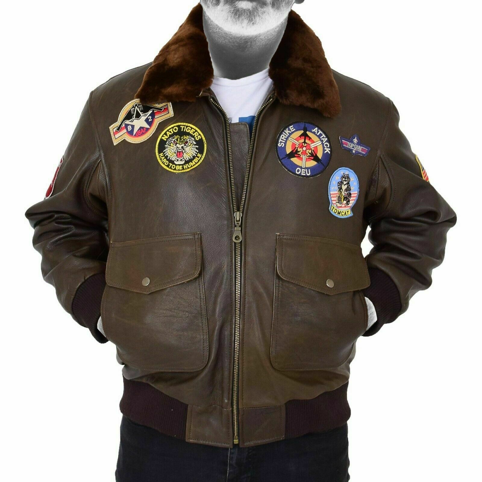 Spine Spark Men's Brown Pilot Jacket Badges Collar Hawk Leather