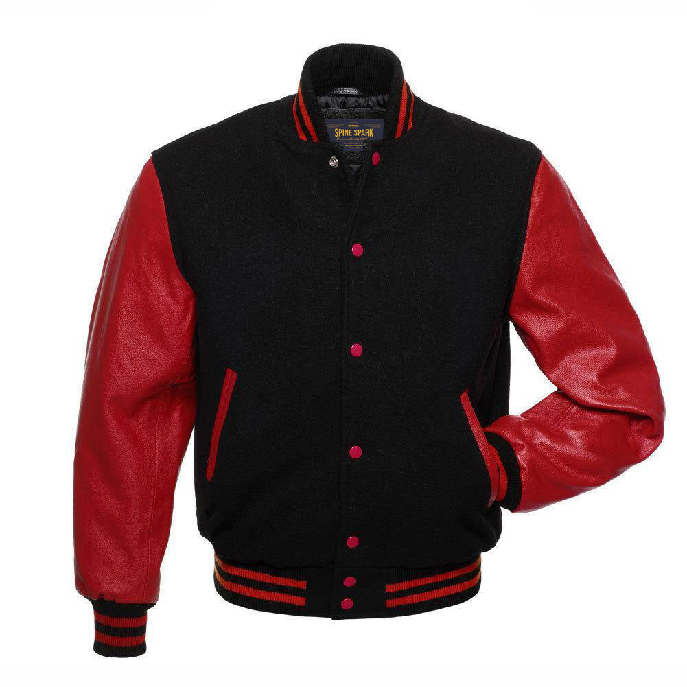Spine Spark Black Wool Varsity Jacket Red Leather Sleeves