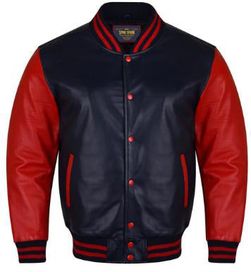 Spine Spark Navy Blue Leather Varsity Jacket Red Leather Sleeves