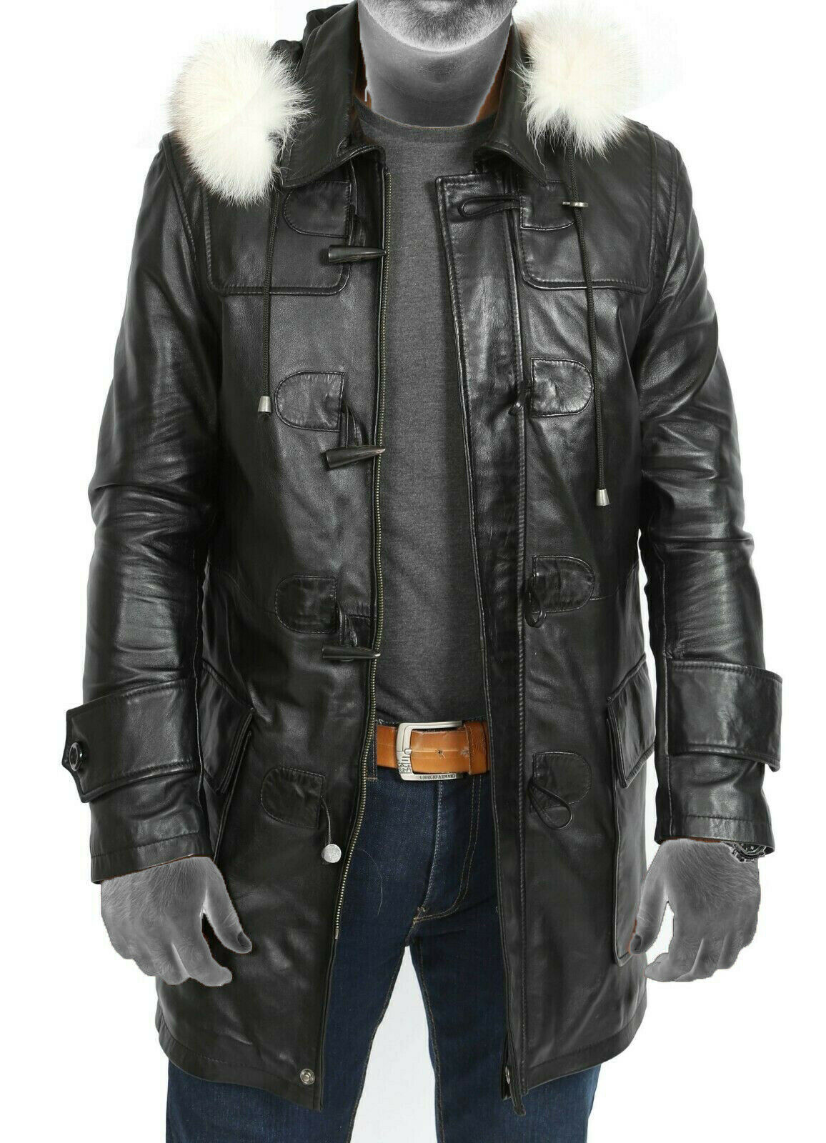 Spine Spark Men's Black Pure Leather Duffle Hood Coat & Jacket