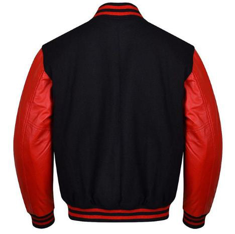 Spine Spark Black Wool Varsity Jacket Red Leather Sleeves