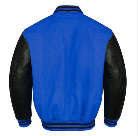 Spine Spark Royal Blue Wool Varsity Jacket Black Leather Sleeves